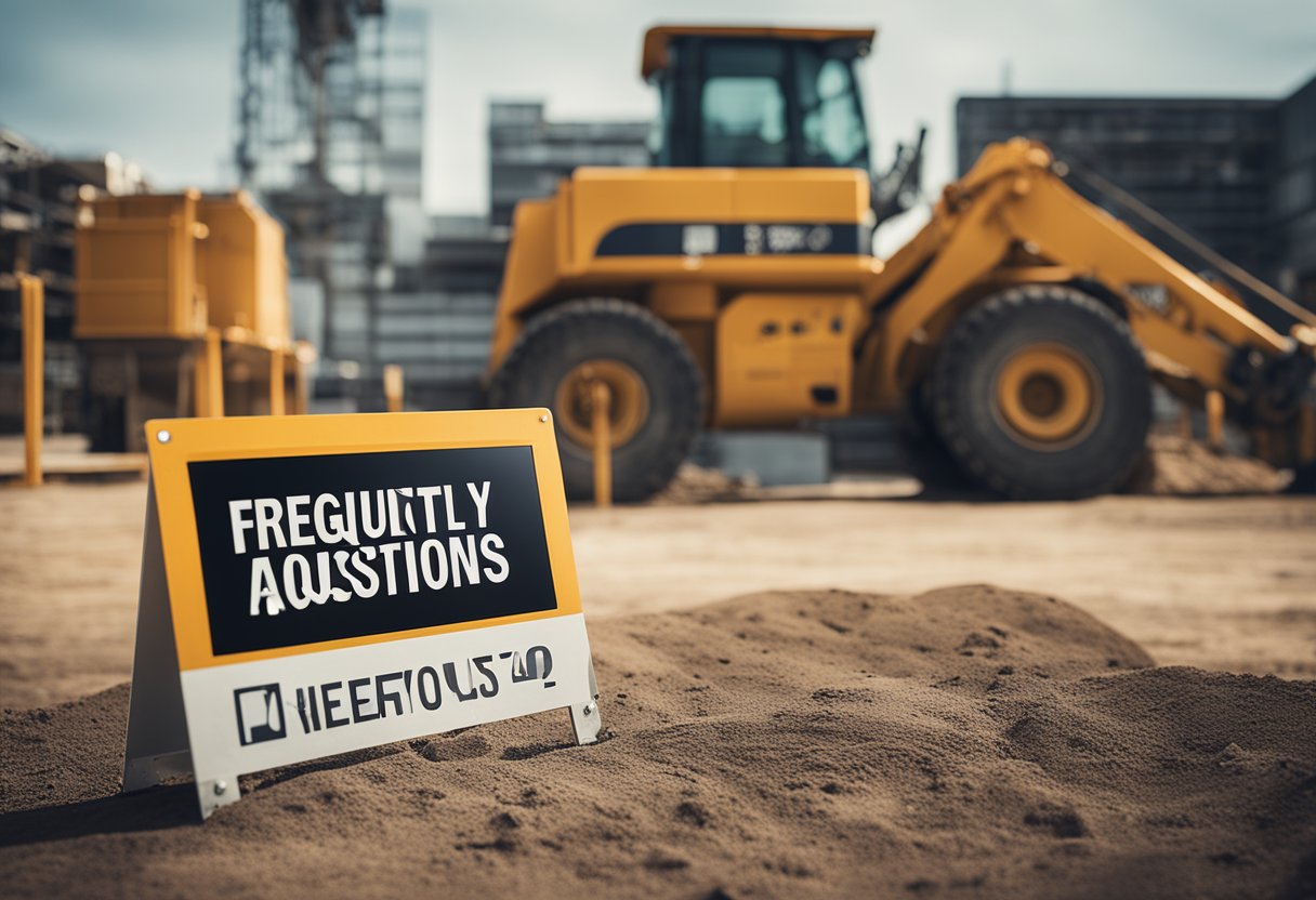 Construction equipment arranged neatly with a sign reading "Frequently Asked Questions" nearby
