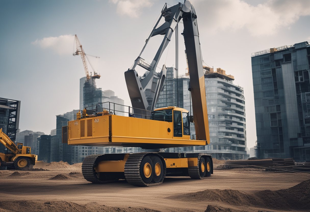 A crane lifts steel beams onto a construction site. A bulldozer levels the ground. Trucks deliver materials