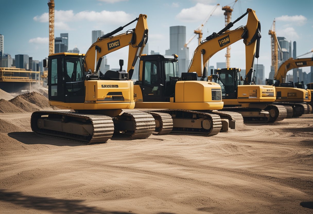 Construction equipment lines up at a bustling job site, with cranes reaching into the sky and bulldozers clearing the ground