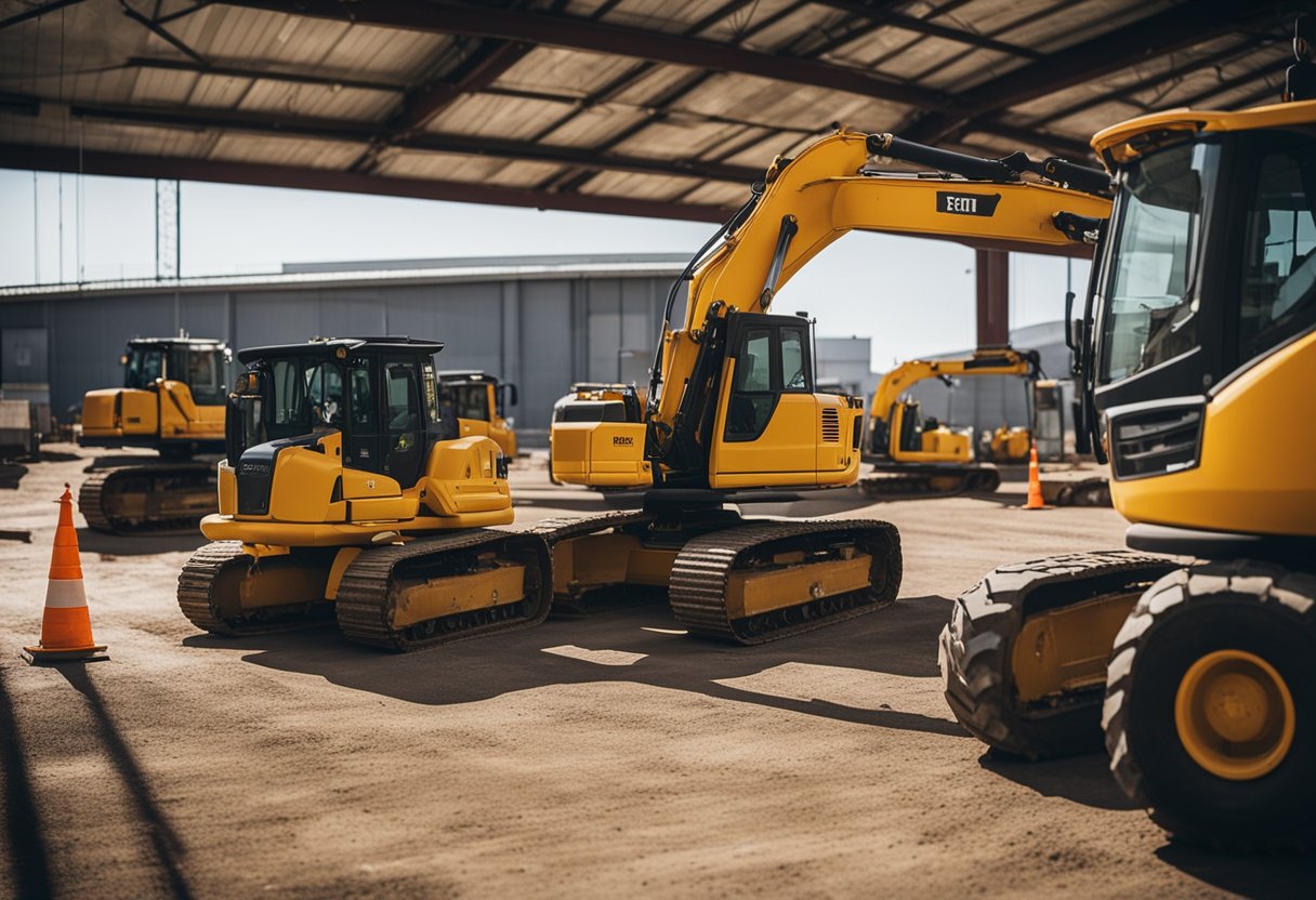 Construction equipment lined up in a well-lit maintenance yard, with workers performing safety checks and maintenance tasks