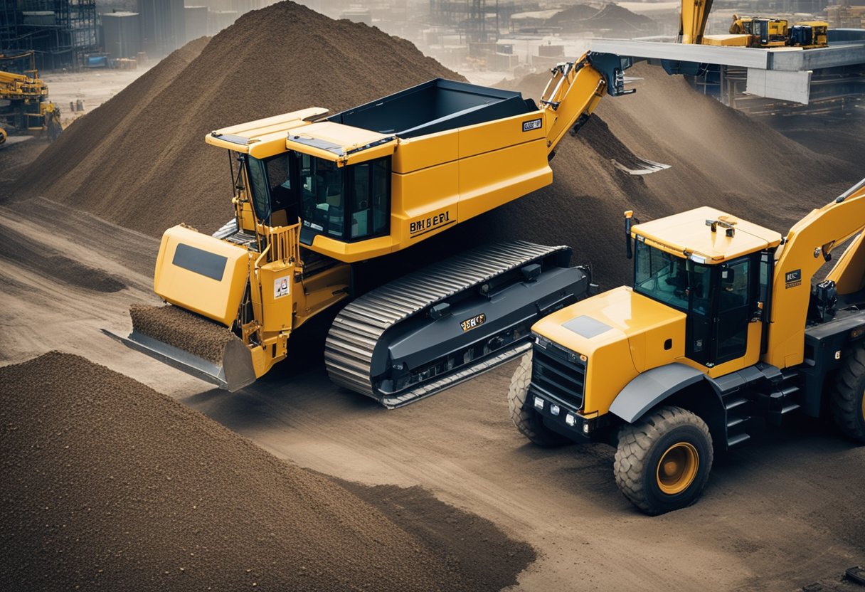 Bulldozer pushing dirt, crane lifting steel beams, dump truck unloading gravel, and workers assembling scaffolding at a construction site
