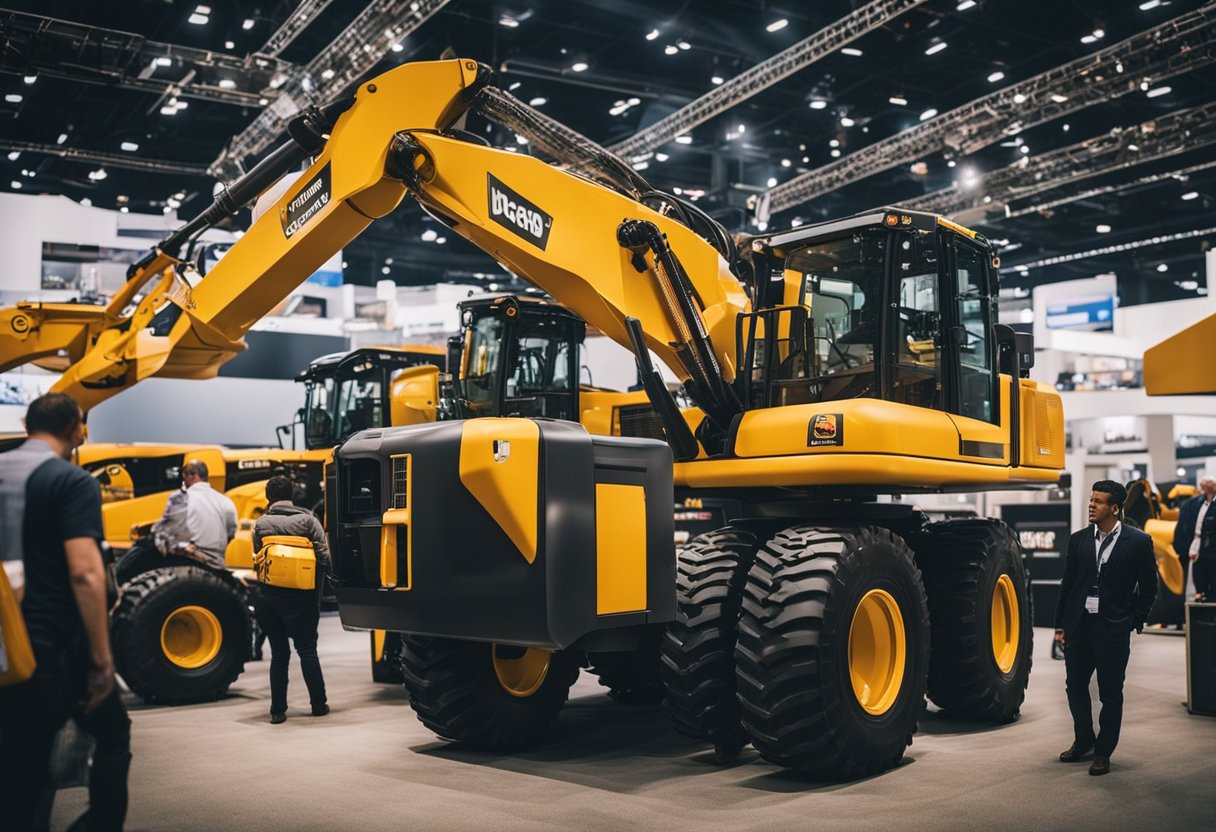 Several large construction machinery manufacturers display their equipment at a trade show