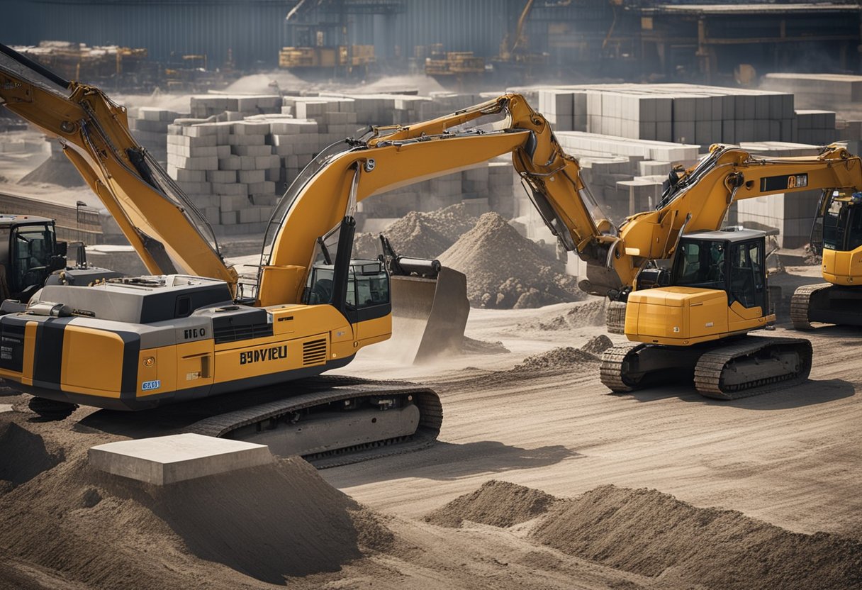 Various construction machinery components scattered across a dusty construction site. Cranes, bulldozers, and excavators are visible, along with piles of steel beams and concrete blocks