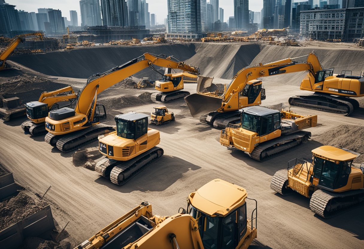 A bustling construction site with workers operating heavy machinery and cranes lifting materials. Various equipment such as excavators, bulldozers, and dump trucks are scattered around the area
