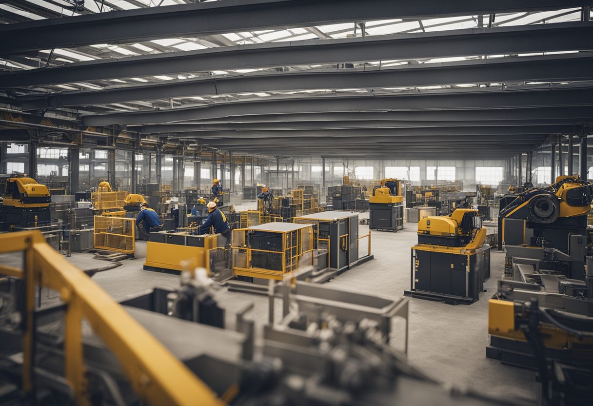 A bustling construction site with workers assembling specialized products for various industries. Machinery and equipment are scattered throughout the scene, with a focus on precision and efficiency