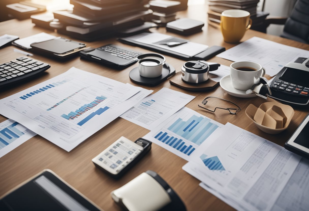 A table with various construction products surrounded by regulatory documents and standards