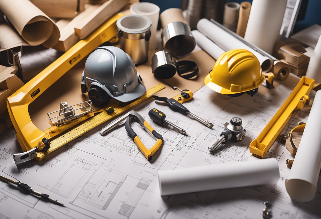 A construction site with various professional resources and guidance products such as blueprints, safety equipment, and tools scattered around