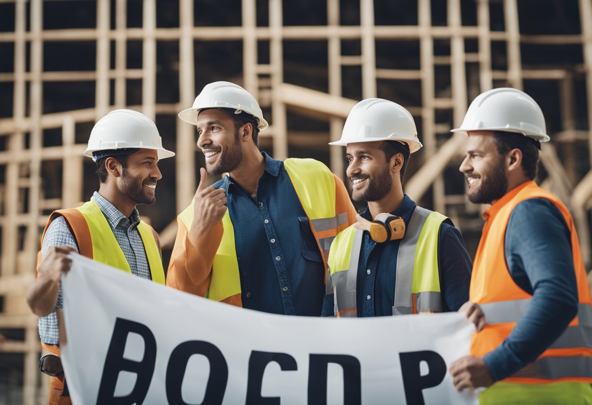 A group of construction workers discussing and using various construction products, with a banner in the background reading "Frequently Asked Questions."