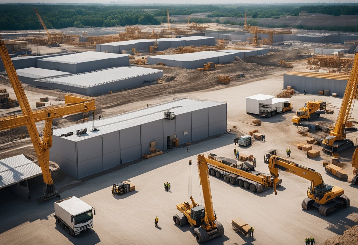 A bustling construction site with workers assembling materials, cranes lifting heavy loads, and trucks transporting construction products