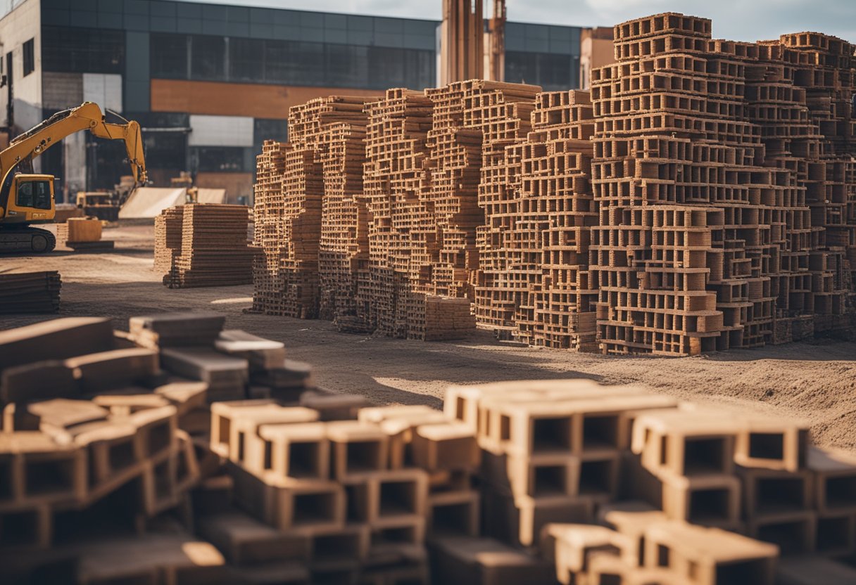 A bustling construction site with stacks of bricks, piles of lumber, and a variety of tools and equipment scattered around
