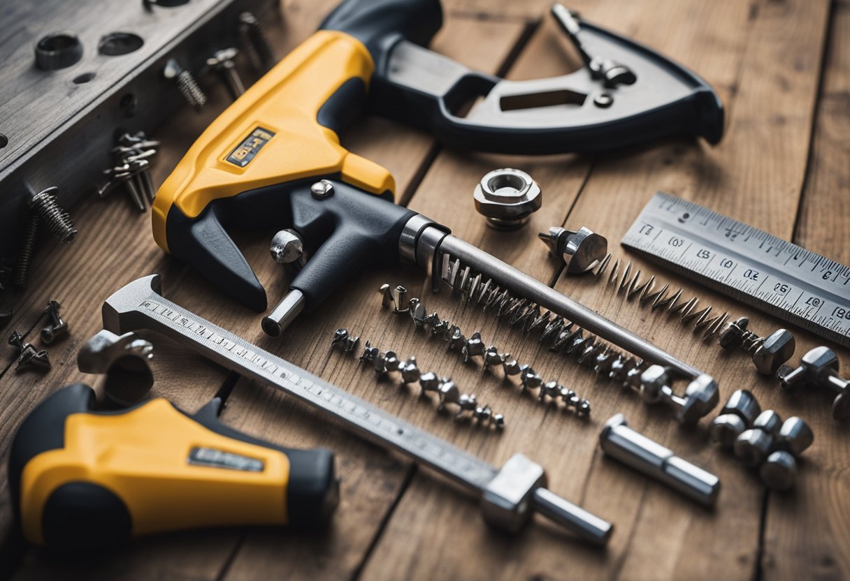 A hammer, saw, wrench, and drill lay on a wooden workbench surrounded by nails, screws, and measuring tape