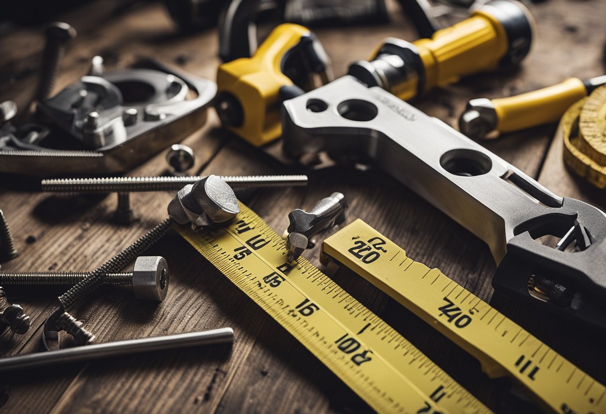 A hammer, saw, drill, and measuring tape lay on a wooden workbench amid nails, screws, and a level