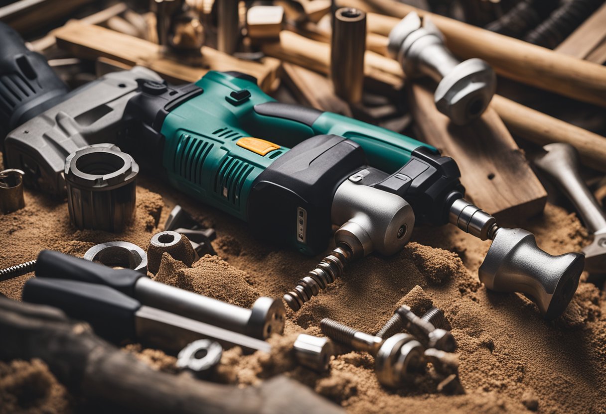 Power tools scattered across a dusty construction site. A drill, saw, and hammer lay on the ground amidst piles of wood and metal