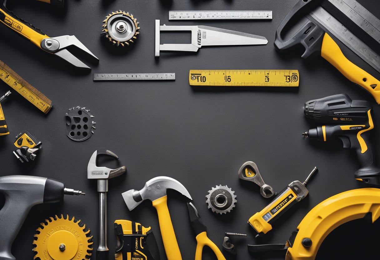 Various construction tools scattered on a dusty workbench, including a hammer, saw, drill, and measuring tape