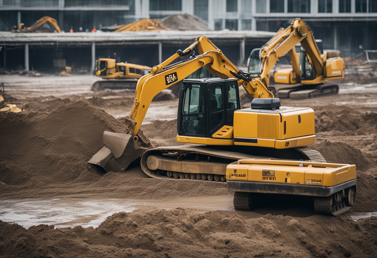Various construction equipment and tools scattered across a muddy construction site. Cranes, bulldozers, and jackhammers are in use