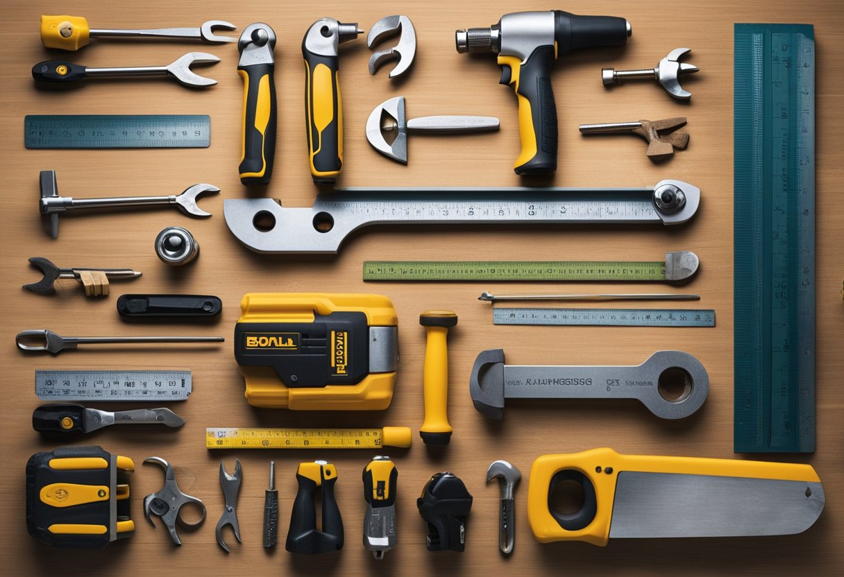 Various construction tools arranged neatly on a workbench, including hammers, screwdrivers, wrenches, and measuring tape